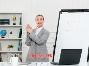 Estudiante presentando su TFG con confianza ante un tribunal académico, con diapositivas claras en la pantalla.