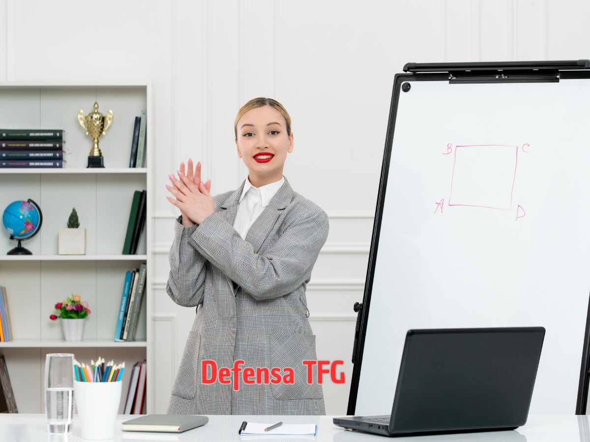 Estudiante presentando su TFG con confianza ante un tribunal académico, con diapositivas claras en la pantalla.